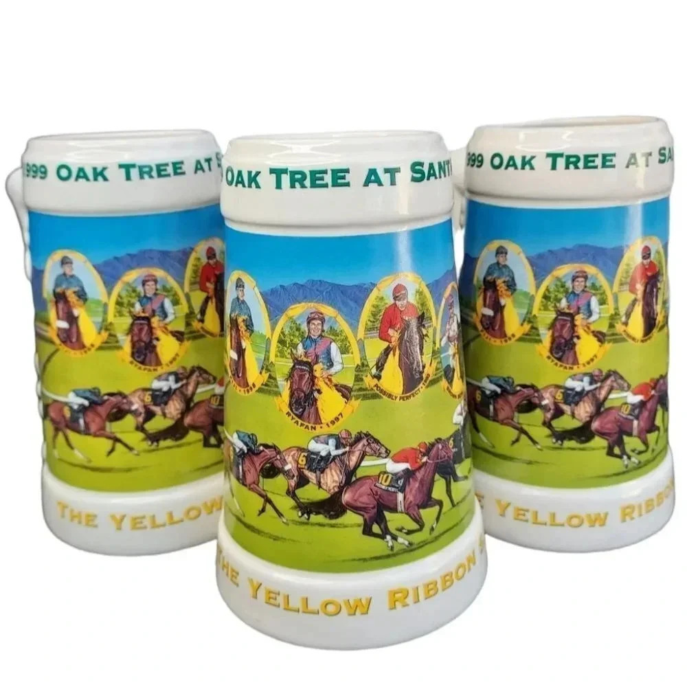 Vintage 1999 Oak Tree Santa Anita Yellow Ribbon Stakes Horse Racing Stein Mug(3)